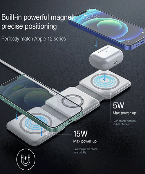 3 in 1 Magnetic Foldable Wireless Charging Station 15W Fast Charger for iPhone, AirPods & Smartwatch - Image 2