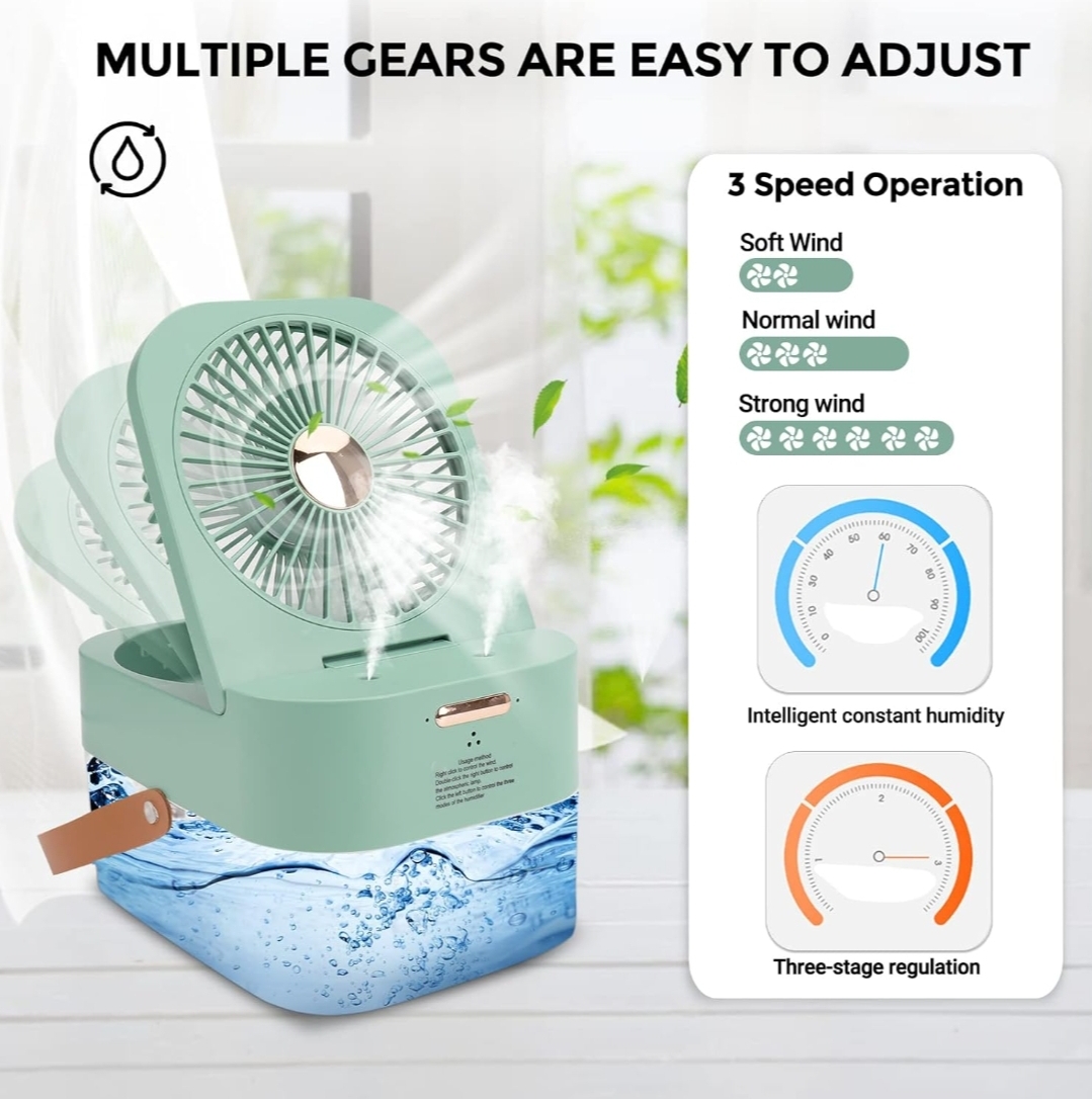 Mini Fan with Cool Mist, Portable Air Cooler, USB Table Fan, Desk Fan with 3 Wind Modes and Brightness Adjustment, Table Fan for Home, Office - Image 3