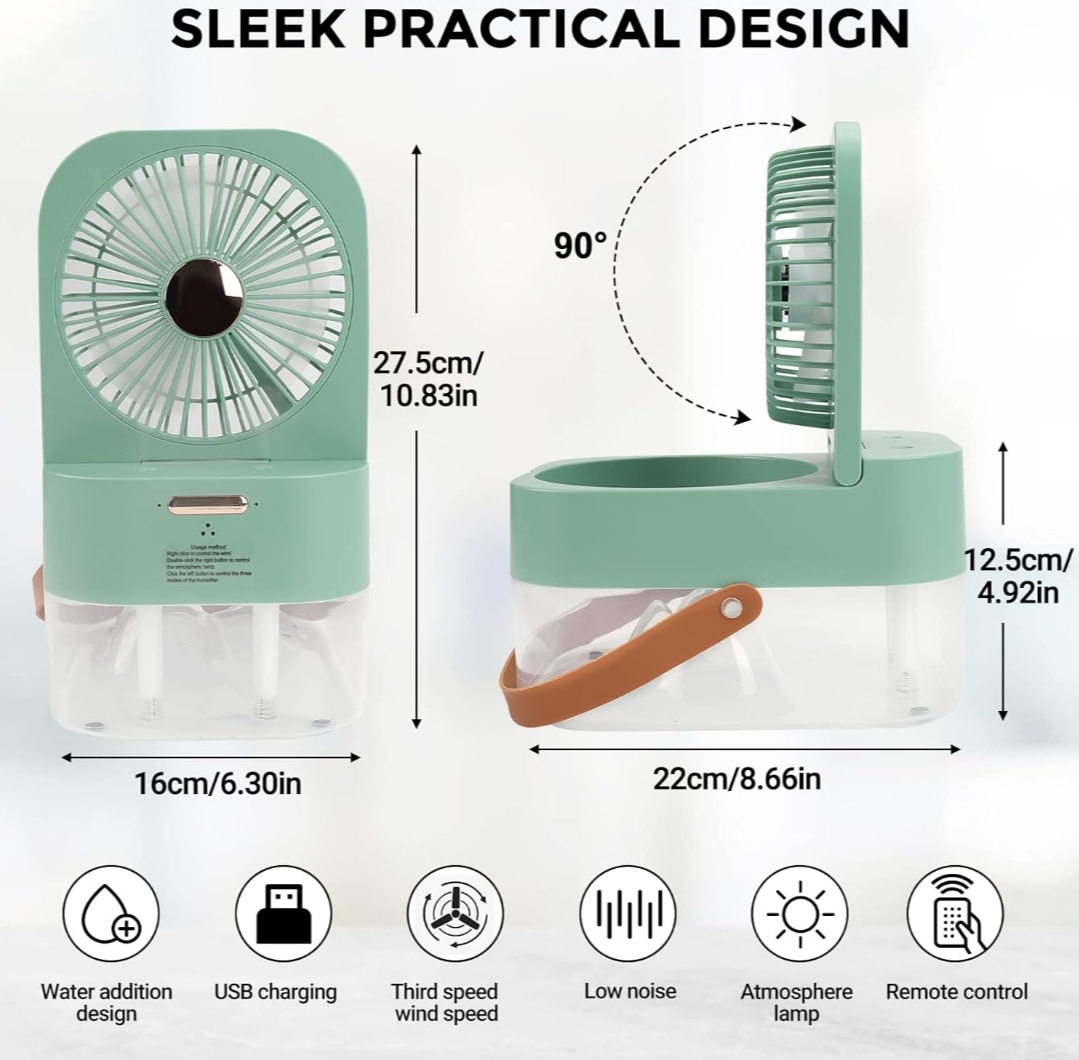 Mini Fan with Cool Mist, Portable Air Cooler, USB Table Fan, Desk Fan with 3 Wind Modes and Brightness Adjustment, Table Fan for Home, Office - Image 4