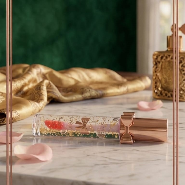 Luxury Pink Glossy Lip Oil With Gold Flakes High Shine Moisturizing Formula - Image 5