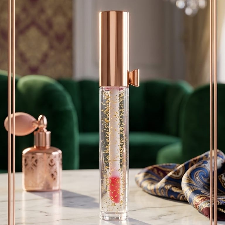 Luxury Pink Glossy Lip Oil With Gold Flakes High Shine Moisturizing Formula - Image 2