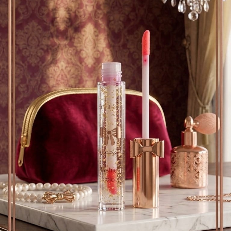 Luxury Pink Glossy Lip Oil With Gold Flakes High Shine Moisturizing Formula - Image 3