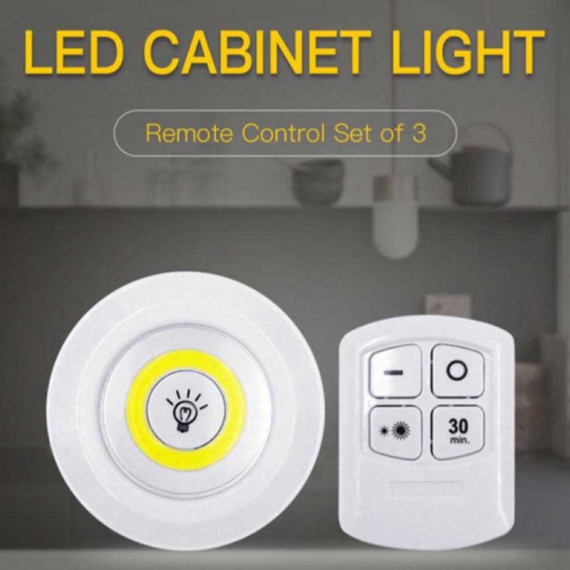 LED Cabinet Light Remote Control Set – 3 Wireless Cell Operated Tap Lights with Dimming & 30 Mins Timer Modes - Image 3