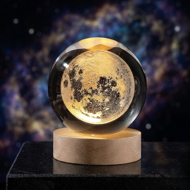 3D Galaxy Crystal Ball Lamp with Wooden LED Base – Decorative Night Light (Only Moon Shape) - Image 3