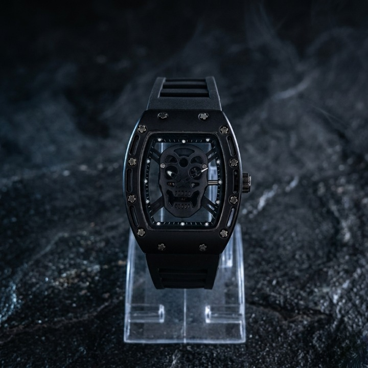 Luxury Non-Waterproof Skull Skeleton Concept Watch – Bold Tonneau Case with Sporty Silicone Strap (Without Box) - Black - Image 5