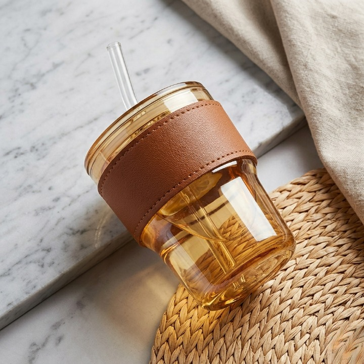 Premium Amber Glass Coffee Tumbler – Travel Mug with Leather Heat Sleeve, Glass Straw (400ml) - Image 3