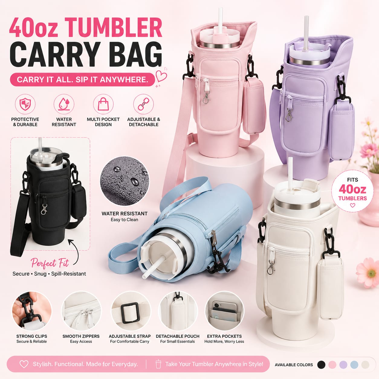 Portable Carry Bag for 40oz Stainless Steel Tumbler with Adjustable Strap | Random Color - Image 2