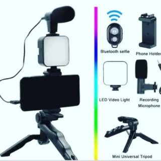AY-49 Vlogging Kit | Portable Video Recording Setup with LED Light, Shotgun Mic & Flexible Tripod without Remote