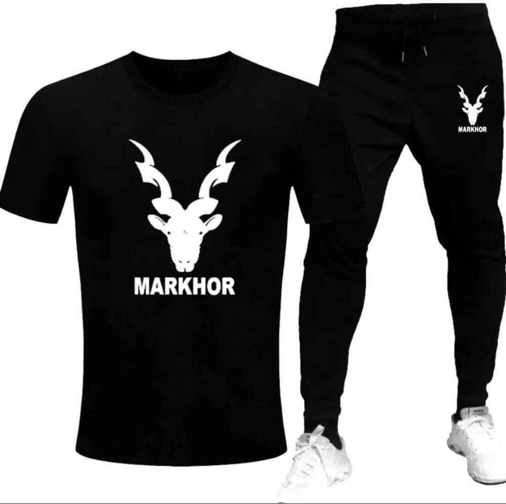 2 PCs Black Trendy Markhor Printed Track Suit for Men & Boys | Soft & Comfortable Summer Wear | Lightweight Breathable Fabric (Extra Large)