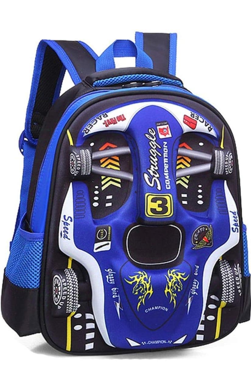 Kids Racing Car Nylon Backpack | Lightweight School Bag for Boys & Girls | Durable Travel & Casual Backpack (Blue)