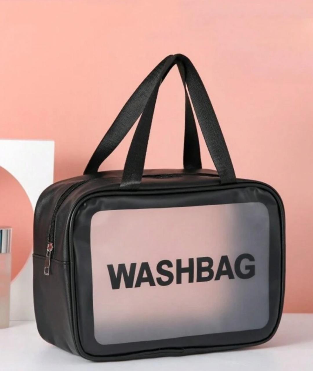 Premium PVC Waterproof Washbag – Portable Clear Toiletry & Makeup Kit Organizer Bag with Top Handle - Black - Image 2
