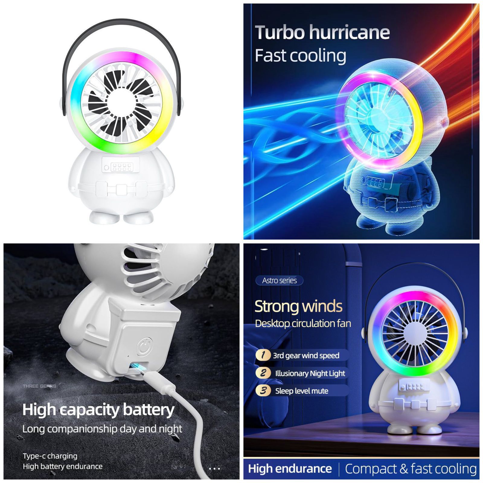 Astro Series Astronaut Mini Desktop Fan – Portable USB Rechargeable Fan with RGB Night Light - Image 2